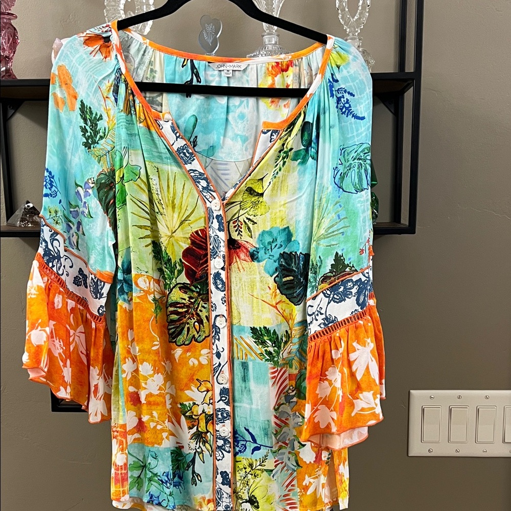 Marc Anthony Vibrant Floral Blouse - Orange, Blue, Green Size M